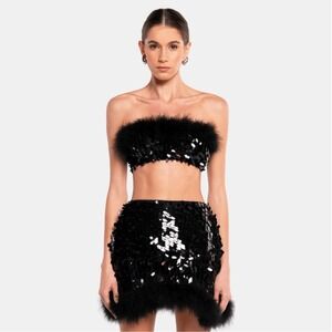NWT OW Collection VIRGO‎ Sequin Feather Top and Skirt Set Sz Small  $550